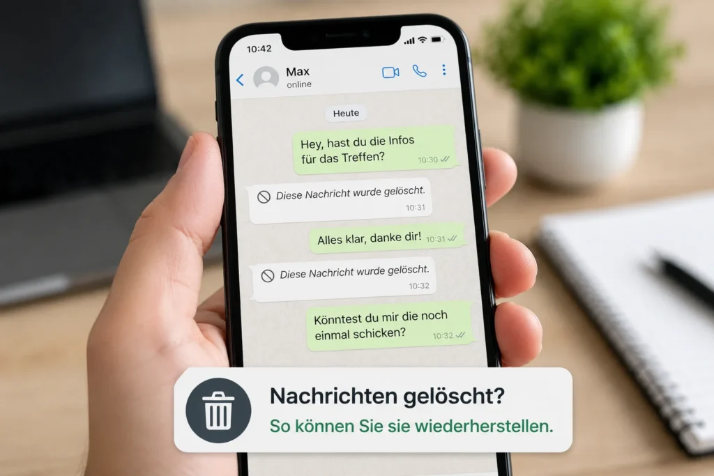 Smartphone mit WhatsApp-Chat und Hinweis auf gelöschte Nachrichten